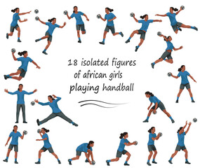 Fototapeta na wymiar Vector figures of Black women's handball girl players and goalkeepers in blue T-shirts in various poses on a white background