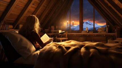 Obraz na płótnie Canvas A woman is enjoying a peaceful moment reading a book while lying on a comfortable bed in a cozy log cabin during winter
