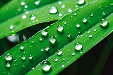 Beautiful natural dew drop or water drop on fresh grass green leaf, close up, rainy drop on a leaf, a small drop of water, green leaf