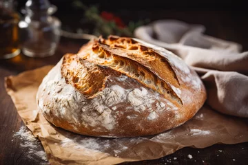 Photo sur Plexiglas Pain Homemade sourdough bread food, photography recipe idea, freshly baked loaf of bread from the oven, home recipe for tasty bread