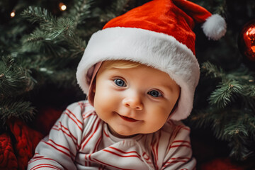 High angle view of caucasian baby girl laying under christmas tree, lovely holiday time, cute...