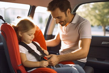 Handsome young father fastening safety belt on baby daughter while smiling and enjoying quality time together, fatherhood