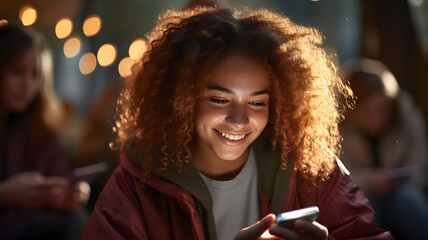teenage girl using smartphone and smiling. close up image of a multi-ethnic girl having fun engaging with social media. concept of smart phone addiction.