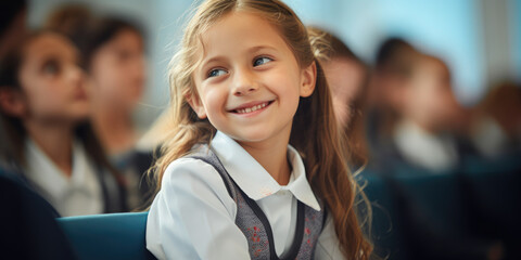 Obraz premium A primary school girl smiles brightly in her classroom, radiating happiness.