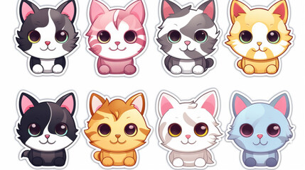 Naklejka premium Variety of cute cat stickers featuring different cat breeds. Cat portraits on a clean background.