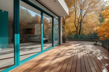 Stylish terrace with wooden floor, sliding door, and turquoise day illumination. Natural granite pavement in the yard with tree crowns below. Generative AI