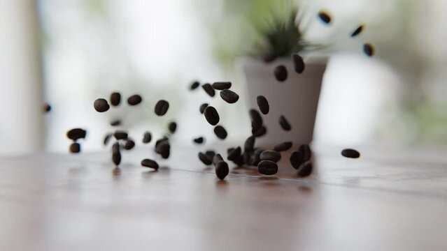Coffee beans falling on and bouncing off of the wooden table in a 3D animation