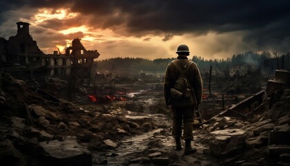 Brave Stand: WWII Soldier Overlooking Devastated European Townscape. Generative ai