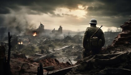 Brave Stand: WWII Soldier Overlooking Devastated European Townscape. Generative ai