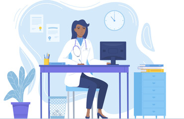 Black african Woman Doctor with stethoscope sitting at the desk with monitor. Medcine, pandemic, lockdown therapy, health care, hospital workspace concept. Stock vector illustration in flat style isol