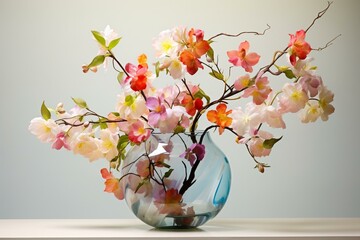 A clear vase holding lively and multicolored blossoms. Generative AI - obrazy, fototapety, plakaty