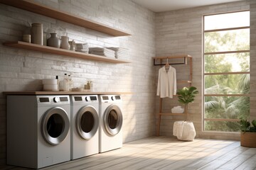 Sustainable Modern Laundry Room Oasis: Dual Washing Machines, Wooden Shelving with Decor, Sunlit Interior, Greenery Accents, Exposed Brick Wall Aesthetic - obrazy, fototapety, plakaty