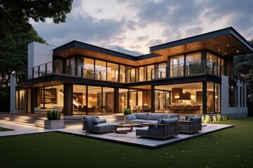 Fototapeta na wymiar Modern Architectural Masterpiece: Two-Story Glass Facade Home, Wood Accents, Outdoor Seating, Lit Interiors, and Lush Green Lawn at Dusk