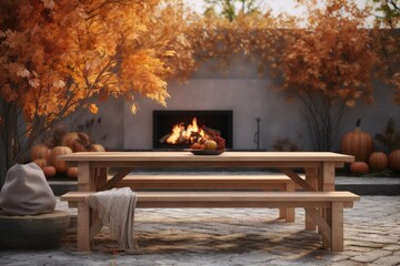 Fototapeta premium Fall Patio Scene: Wooden Bench, Inviting Fireplace, Golden Orange Trees, Stone Floor, and Pumpkins Adorning a Contemporary Wall