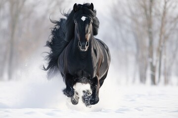 Fototapeta premium Black Horse Running Across Snow on a Snowy Meadow