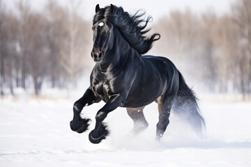 Black Horse Running Across Snow on a Snowy Meadow