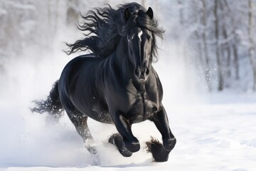 Black Horse Running Across Snow on a Snowy Meadow