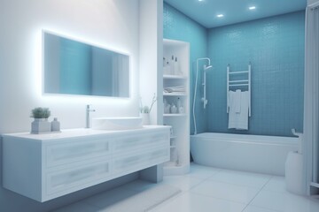 Blurred bathroom interior with modern white design and light-blue. Generative AI