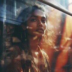 pretty indian Street dreamy photo sad woman model window looking camera portrait reflection glare