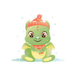 Cartoon cute christmas dragon with hat, great design vector. White color background. New Year 2024 Vector art.