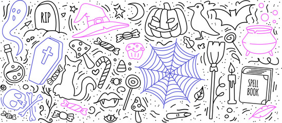 Doodle Halloween symbol set. Potion, pumpkin, cat, raven, broom, witch hat, cauldron. Occult stuff for fall celebration. Can be used for party decoration, fabric print or web. Stock vector isolated on