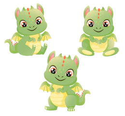 Cute vector set of green dragon characters. Cute cartoon dragons in different poses. New Year 2024 animal.