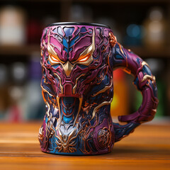 A mug in a futuristic robot style with spider web details, multicolored, very detailed. AI-generated and human-made