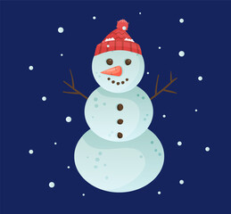 Snowman with a scarf isolated in a blue background. Flat design. Vector illustration.