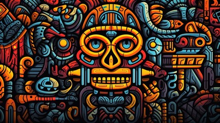 art print illustration of skull of the aztec gods. Fantasy concept , Illustration painting. - obrazy, fototapety, plakaty