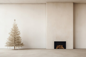 A sparse room with a Christmas tree positioned near the fireplace in an unoccupied area