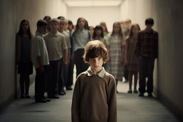 Isolated from peers, a young boy stands alone while others ignore him