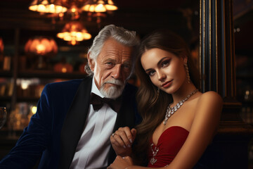 Rich older man alongside a young lady, representing a transactional relationship, financial motivations, and the moral degradation of a woman