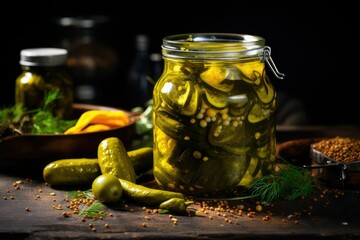 Pickled gherkins in a glass jar on a dark background, wooden surface, chilly pickle, cucumber pickle, marinaded spicy cucumber pickle with mastered oil - obrazy, fototapety, plakaty