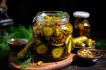 Marinated jalapeno peppers in a glass jar on a wooden background, Selective focus, spicy cucumber pickle, preserved with mastered oil, healthy vegan ingredient pickle, home made
