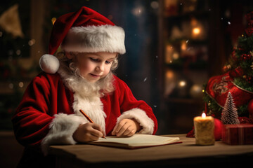 Fototapeta na wymiar A young kid dons Santa's attire, writing a heartfelt letter of gift wishes to Santa Claus, immersing in the festive wonders of Christmas and New Year
