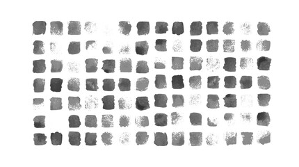 Black and white texture design with printing spots. Grunge gradient messy squares structured in a rectangle background. Disappearing blocks. Abstract ink artwork. For placard, poster, website, decor