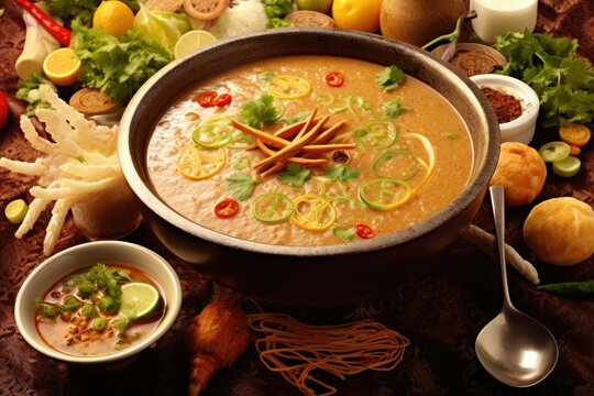Chili cream soup with lemongrass and vegetables in bowl, spicy halim recipe, traditional food, Asian dish, cuisine
