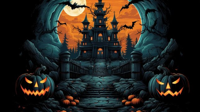 a dark halloween theme with a castle and pumpkins. Fantasy concept , Illustration painting.