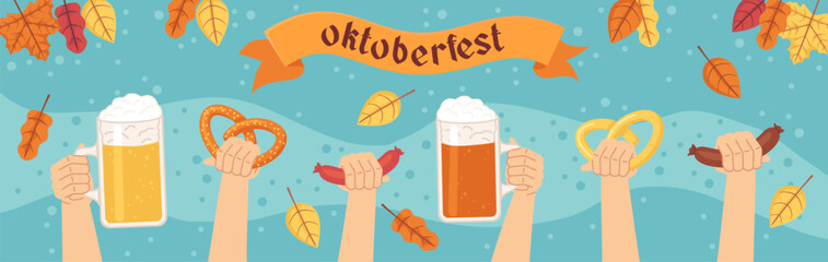 Oktoberfest horizontal. banner. Beer festival celebration. Stock vector illustration in flat cartoon style