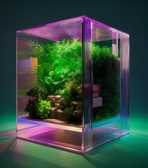 Cube, 4k, small modern house inside cube!, clear plastic, iridescent, studio photography!, solid color floor! solid color background! table top photography! realistic! green