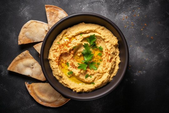 Bird's-eye view of a delicious bowl of homemade chickpea hummus dip on a clear background. Generative AI