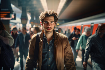 In a busy train station, a confident man stands on the bustling platform, meeting the camera's gaze amidst a sea of hurried commuters and the urban pulse of city life