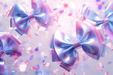 Floating bows, Iridescent neon background. Holographic Abstract soft pastel colors backdrop. Hologram Foil Aesthetic. Trendy vaporwave creative gradient.