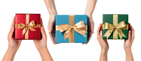 Hands holding gift box wrapped and decorated with satin ribbon. Christmas, birthday, anniversary, mother's day, saint valentine celebration idea