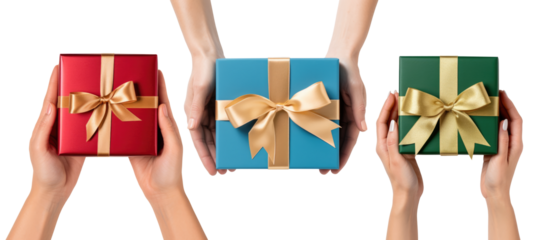 Hands holding gift box wrapped and decorated with satin ribbon. Christmas, birthday, anniversary, mother's day, saint valentine celebration idea