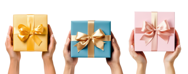 Hands holding gift box wrapped and decorated with satin ribbon. Christmas, birthday, anniversary, mother's day, saint valentine celebration idea