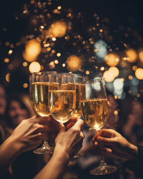 Joyful clinking of champagne flutes in festive gathering. With copyspace,