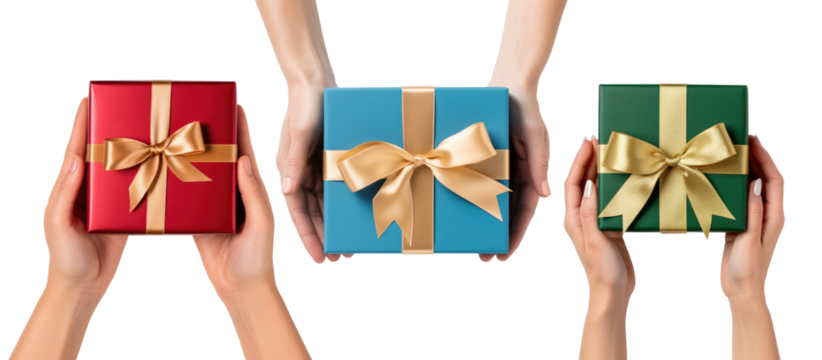 Hands holding gift box wrapped and decorated with satin ribbon. Christmas, birthday, anniversary, mother's day, saint valentine celebration idea