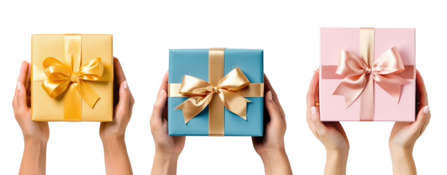 Hands holding gift box wrapped and decorated with satin ribbon. Christmas, birthday, anniversary, mother's day, saint valentine celebration idea