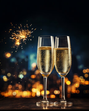 Celebratory toast with sparkling bubbly in festive champagne flute. With copyspace.